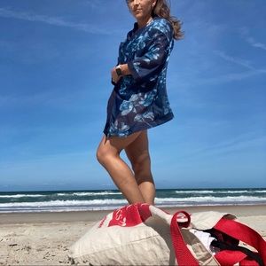 Vintage Blue Floral Open Front Swim Cover up